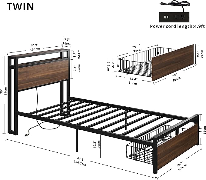 LIKIMIO Twin Bed Frames with Drawer, Storage Headboard with Outlets, No Box Spring Needed, Easy Assembly, Walnut