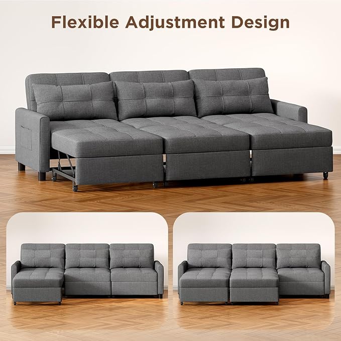 Aiho Sectional Sleeper Sofa, 84 Inch Pull Out Couch with Adjustment Backrest & Ottoman, Convertible Sectional Couch Bed for Living Room, Guest Room, Dark Grey