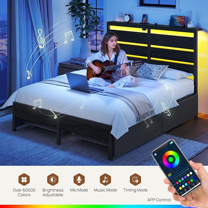 Rolanstar Full Size Bed Frame with 4 Drawers, LED Lights and Charging Station, Metal Platform Bed with Storage Headboard, Noise Free, Easy Assembly, No Box Spring Needed, Black