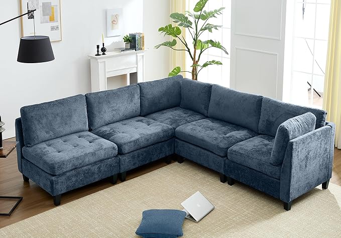 Luxe Oversized Modular Sectional Sofa，Modern Chenille Convertible Corner Couch，Comfy 5 Seater L-Shaped Sofas Sectional Cloud Couch for Living Room（Blue，5-Seater）