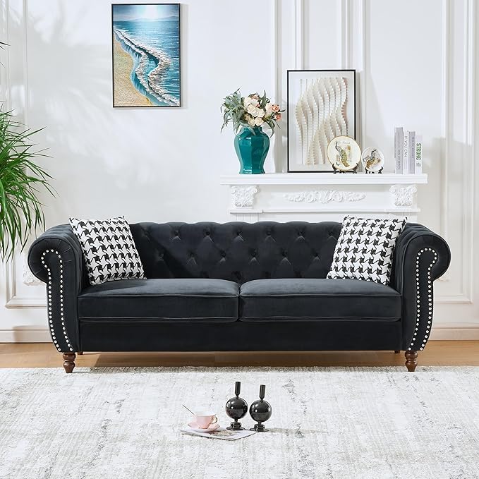 Comfortable Straight-Row Sofa with 2 Pillows,87" Refined Velvet 3 Seat Sofa with Roll Armrest & Nailhead,Sturdy Structure Upholstered Couch for Apartment,Office,Reception Area,Black