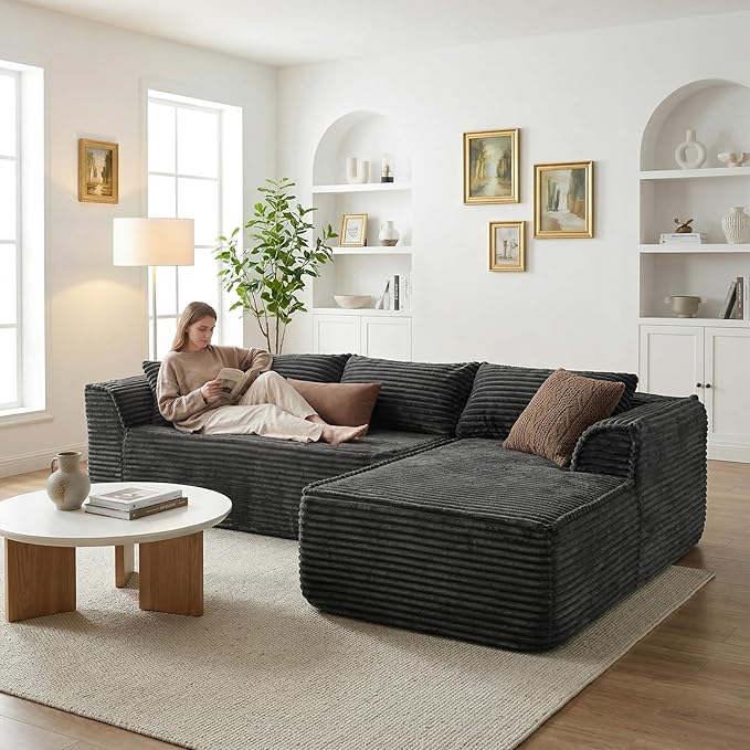 Vesgantti 106" Cloud Couch with Chaise, Deep Seat Fluffy Modular Sectional Sofa Corduroy Memory Foam Boneless Couches for Living Room Bedroom, No Assembly Required (Grey, Right-Facing Chaise)