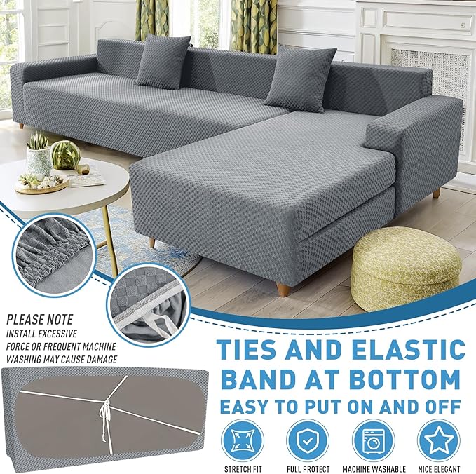 ZNSAYOTX Sectional Couch Covers, Stretch Jacquard Slipcovers with Elastic Bottom for L-Shape Sectional Sofa, 2 Pcs Pet Friendly Modular Sofa Protector (3 Seat Couch + 2 Seat Chaise, Light Grey)