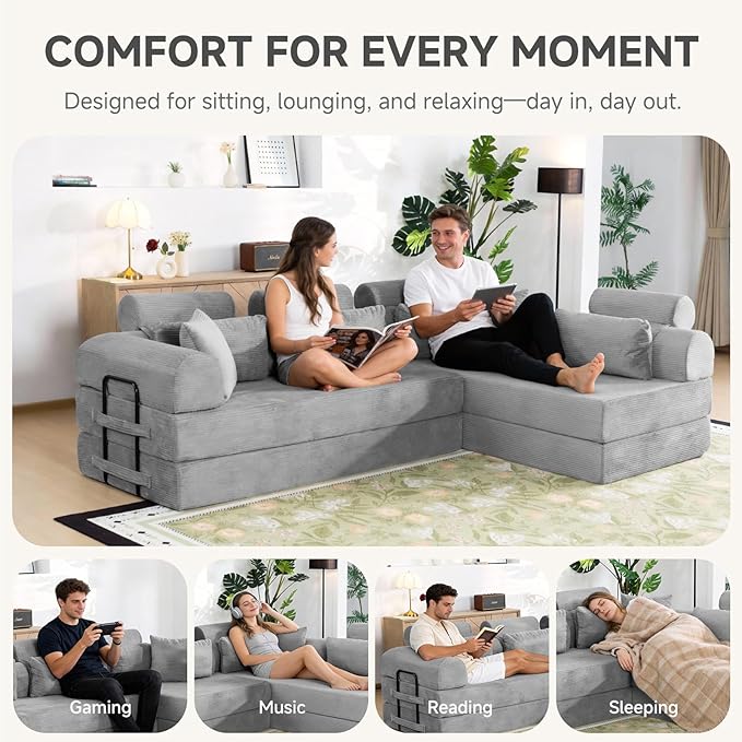 106” L Shaped Boneless Sectional Couch, Two 70.87” Pieces Convert to 141.7” Extra Long Straight Sofa, Corduroy Couch in a Box with Headrest and Back Pillows for Apartment Living Room, Light Grey