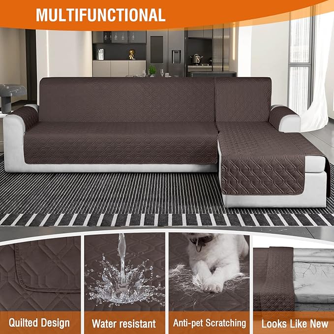 VANSOFY Sectional Couch Covers 100% Waterproof L Shaped Sofa Slipcover 3pcs Reversible Chaise Lounge Cover for Sectional Sofa Furniture Protector Cover for Pets Cat Dog(X-Large, Chocolate)