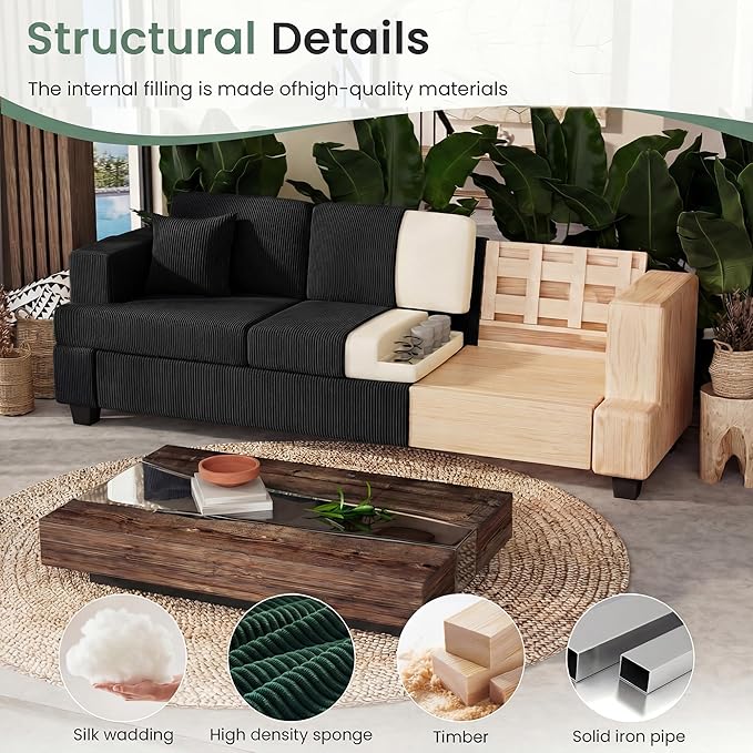3 Pieces Corduroy Couch Set for Living Room, 7 Seats Cloud Sofa, Deep Seat Floor Couch for Bedroom, Futon Modern Sofa Sectional Bed, Black Corduroy