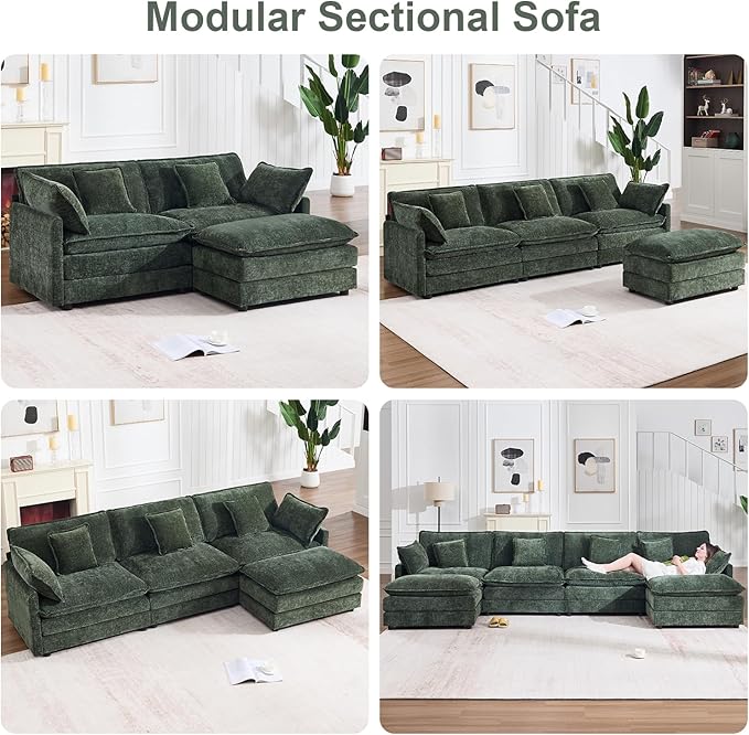 111.5" Modular Sectional Sofa, Large L Shaped Sectionals Cloud Couch, Big Comfy 3-Seat Couch with Ottoman, 4 Seater Chenille Sectional Sofa with Deep Seat and 5 Pillows for Living Room- Green