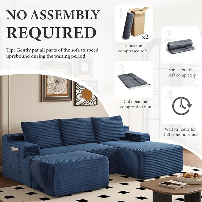 96" Sectional Couches for Living Room Cloud Couch Sofa with L-Shape Upholstered Boneless Couchs Modern Modular Sectional Couch with Chaise (Bule, 96" W+Right Facing Chaise+2Seaters+Ottoman)