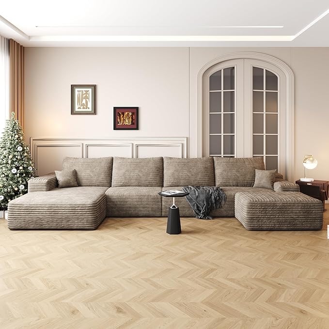 136" Sectional Couches for Living Room Cloud Couch Sofa with L-Shape Upholstered Boneless Couchs Modern Modular Sectional Couch with Chaise (Camel, 136" Left Facing Chaise+3Seaters+Ottoman)