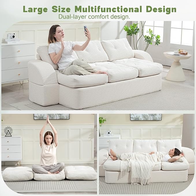 MeMoreCool Cloud Couch Boneless 3-Seater Sofa Bed – Beige Corduroy Convertible Floor Couch with Tufted Cushion, No Assembly Foldable Sleeper for Living Room, Apartment and Small Spaces