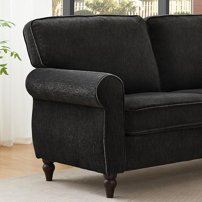 ONBRILL 101" L Shaped Couch, Sectional Corner Sofa with Rolled Arms, 5 Seater Chenille Fabric Couch w/Springs Seat Cushion, Wooden Legs, Comfy Oversized Sofa for Living Room, Apartment, Black