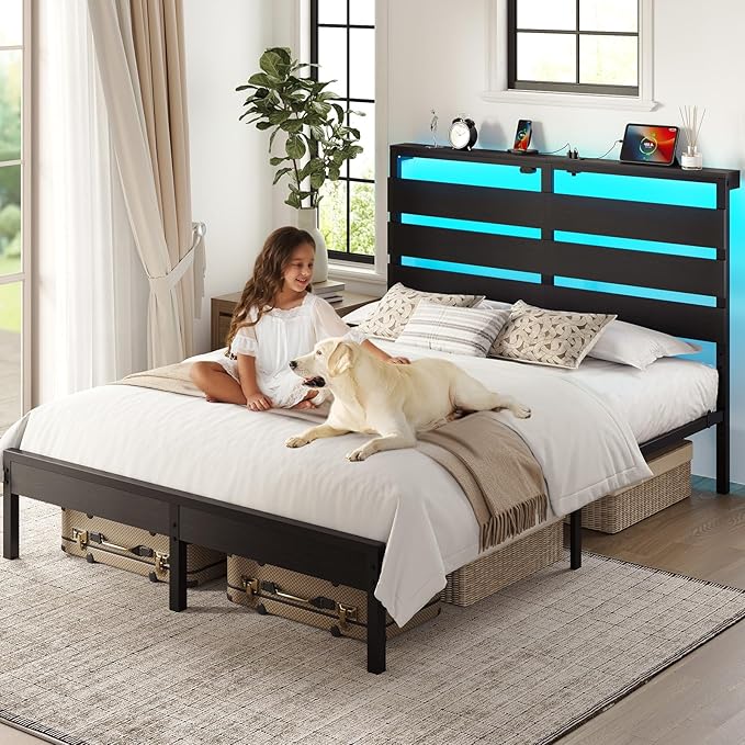 Rolanstar Full Size Bed Frame with LED Lights and Charging Station, Wood Storage Headboard and Under Bed Storage, Metal Platform, Noise Free, No Box Spring Needed, Balck Oak