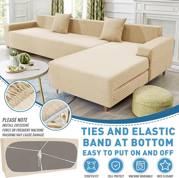ZNSAYOTX Sectional Couch Covers, Stretch Jacquard Slipcovers with Elastic Bottom for L-Shape Sectional Sofa, 2 Pcs Pet Friendly Modular Sofa Protector (3 Seat Couch + 2 Seat Chaise, Light Beige)