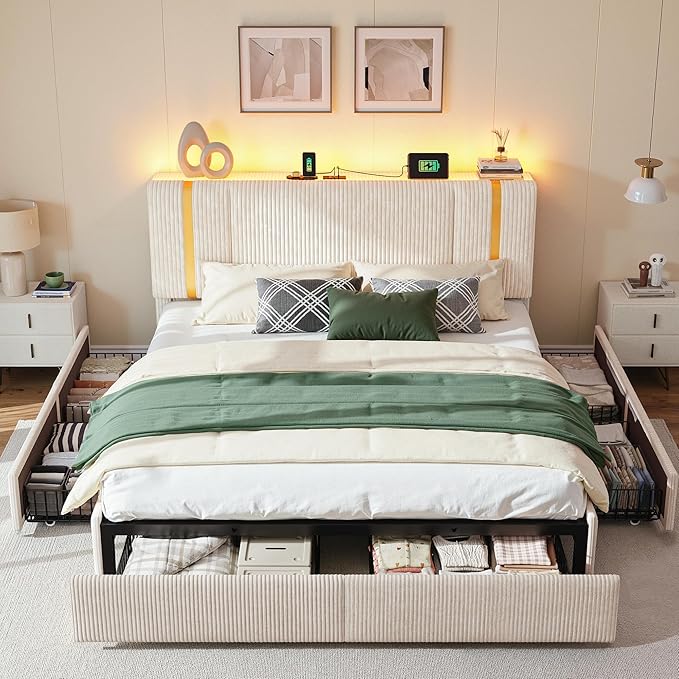 HomKdom King Size Bed Frame with 6 Storage Drawers, Soft Upholstered Bed Frame King with Adjustable Tall Corduroy Headboard, LED Light & Charging Station, 1200-LB Heavy Duty Metal Support,Modern,Beige