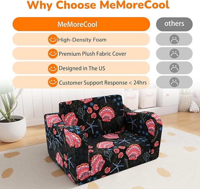 MeMoreCool Folding Kids Couch – 2-in-1 Toddler Sofa Bed, Lounge Chair for Ages 1-3, Playroom Furniture with Removable Cover Lightweight & Portable | Washable | Ideal for Naptime or Travel