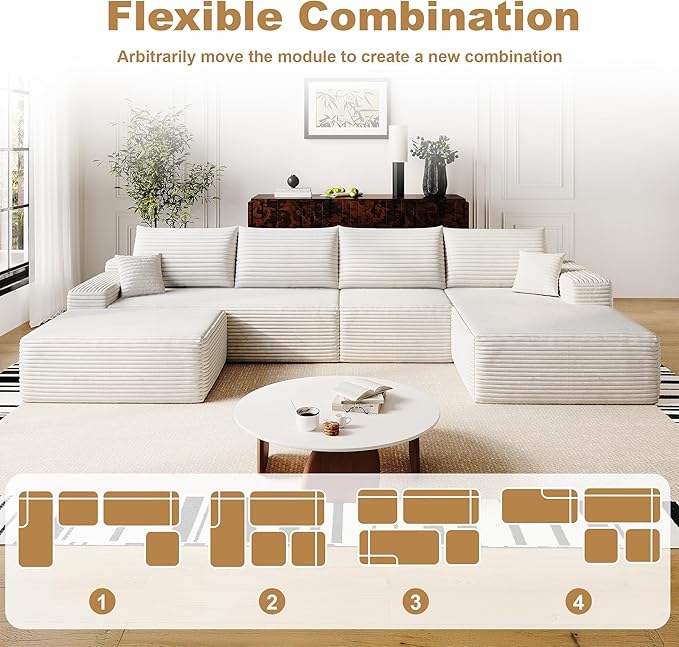 136" Sectional Couches for Living Room Cloud Couch Sofa with L-Shape Upholstered Boneless Couchs Modern Modular Sectional Couch with Chaise (White, 136" Right Facing Chaise+3Seaters+Ottoman)