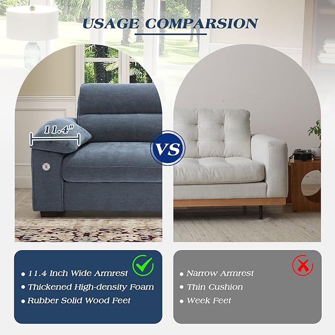 WorthFurni Sofas for Living Room, Chenille Pillow-Armrest Loveseat Couch Set, Small Sofa, 3 Seater Sofa, USB Charging, Removable Sofa Cover, Solid Wood Frame, Easy to Install (71.5 inch, Blue)