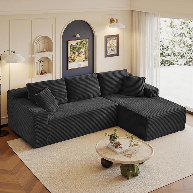 96" Sectional Couches for Living Room Cloud Couch Sofa with L-Shape Upholstered Boneless Couchs Modern Modular Sectional Couch with Chaise (Black, 95" W+Right Facing Chaise+2Seaters)