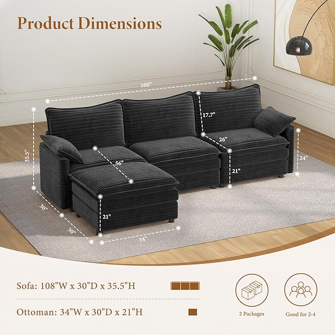 Vesgantti 108" Modular Sectional Sofa, Comfy Cloud Couch with Movable Ottoman Deep Seat Corduroy L Shaped Modular Sofa, Sectional Couches for Living Room, Bedroom and Apartment, Gray