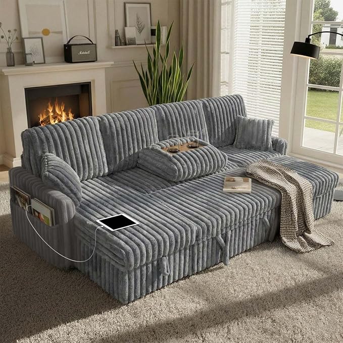 104" U Shaped Sleeper Sofa Bed, Sectional Couches for Living Room, Plush Corduroy Pull Out Couch Bed with Storage, Modular Sectional Couch with Charging Station, Cup Holder, Side Pocket, Light Grey