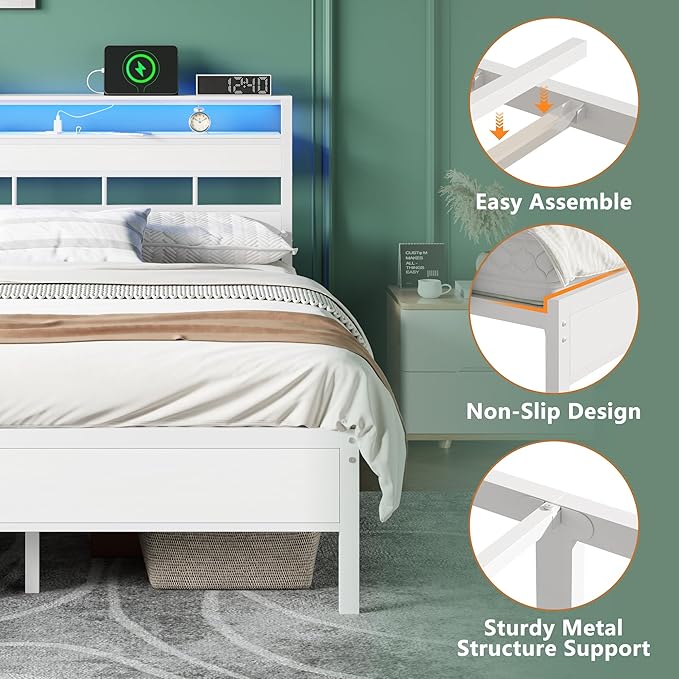 Furnulem Queen Bed Frame with Storage Headboard and LED Lights, Metal Bedframe with Charging Station and USB Port, Queen Size Platform Bed with Heavy Duty Slats, No Box Spring Needed, White