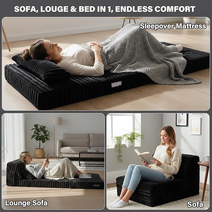 Tiita Folding Sofa Bed Single Size, Convertible Sleeper Chair Mattress with Pillow, Thick Corduroy Floor Mattress Couch Bed with Side Pocket, Guest Room, Dorm, Apartment, Black