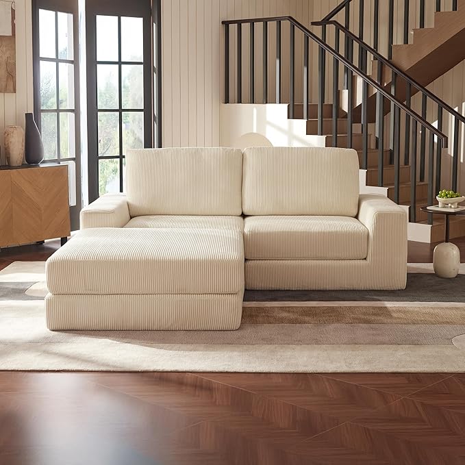 Modular Sectional Sofa, 80.31" Modern Cloud Couch Sectional Sofa with L-Shaped Chaise Comfy Corduroy Fluffy Couch with Deep Seat Boneless Couches for Living Room Bedroom, White