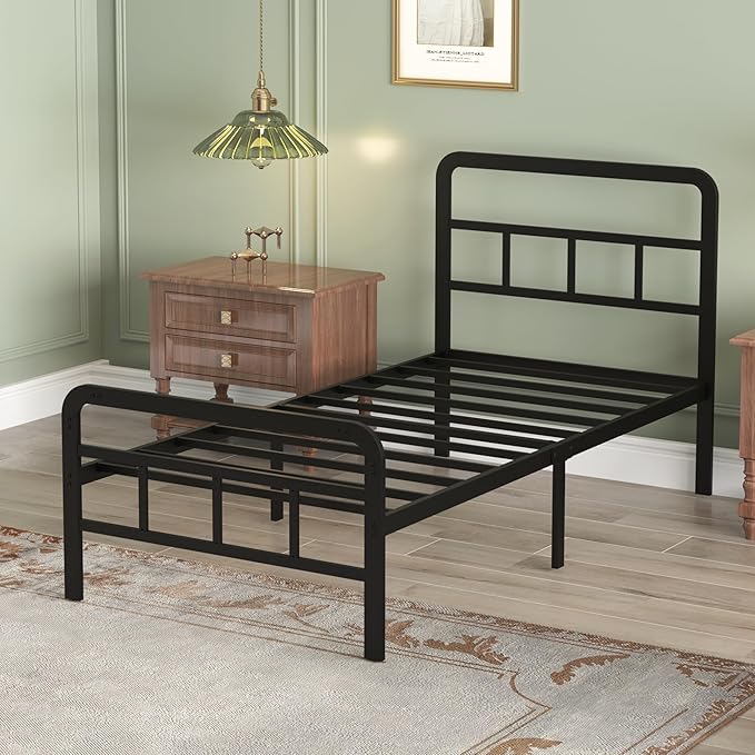 Richwanone 14 inch Twin Bed Frame with Headboard and Footboard, Metal Bed Frame with Steel Slat Support, No Box Spring Needed, Easy Assembly, Black