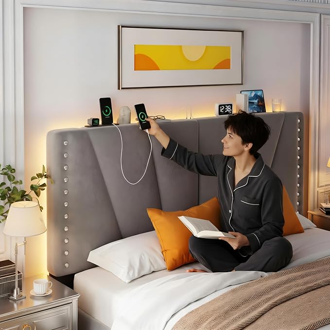 EnHomee King Size Bed Frame, Velvet King Bed Frame and Headboard with Charging Station, Led Light, Platform Bed Frame for Bedroom, Apartment, Dorm, Noise-Free, Easy Assembly, Gray