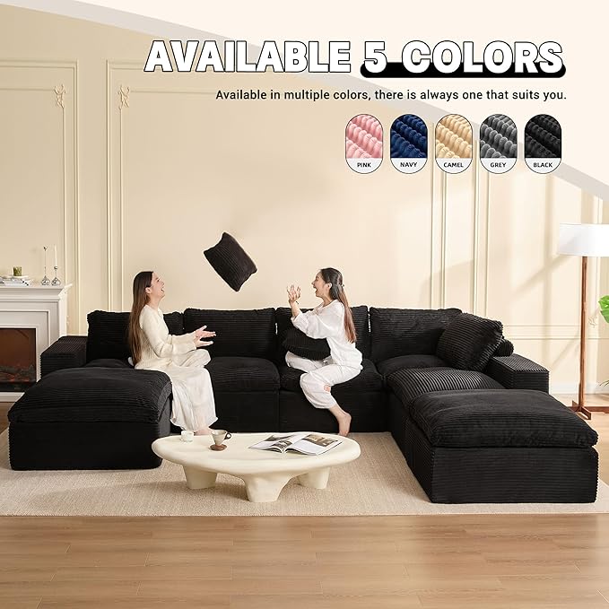 137.8” Sectional Couches for Living Room, Set of Cloud Couch, Modular Sectional Sofa, Convertible Sofas Bed, Deep Seat Sofa, Sleeper Sofa Full Size, Corduroy, Black