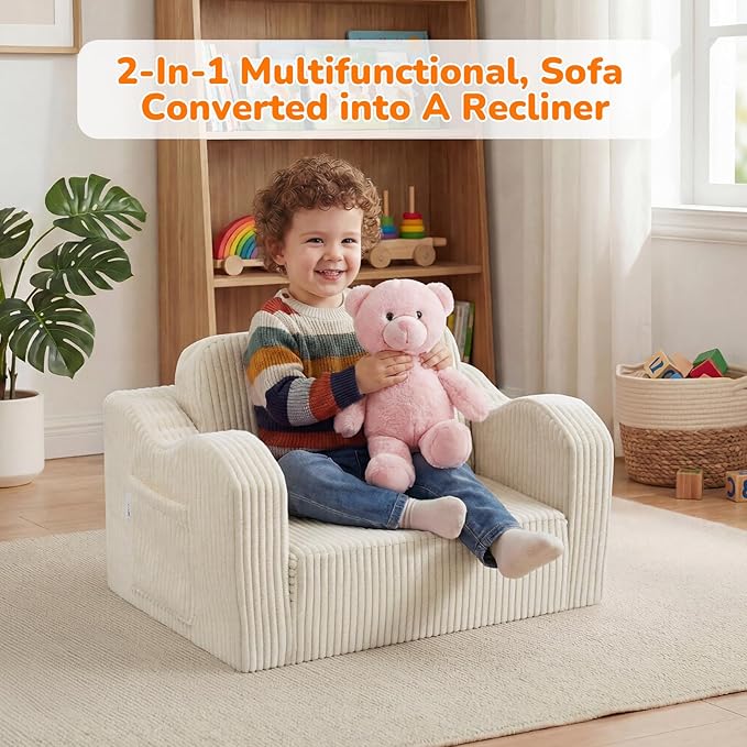 MeMoreCool Toddler Couch Fold Out – 2-in-1 Convertible Kids Sofa Bed with Soft Corduroy Cover, High-Density Foam Toddler Chair for Ages 1–3, Foldable Floor Lounger with Machine-Washable Cover, Beige
