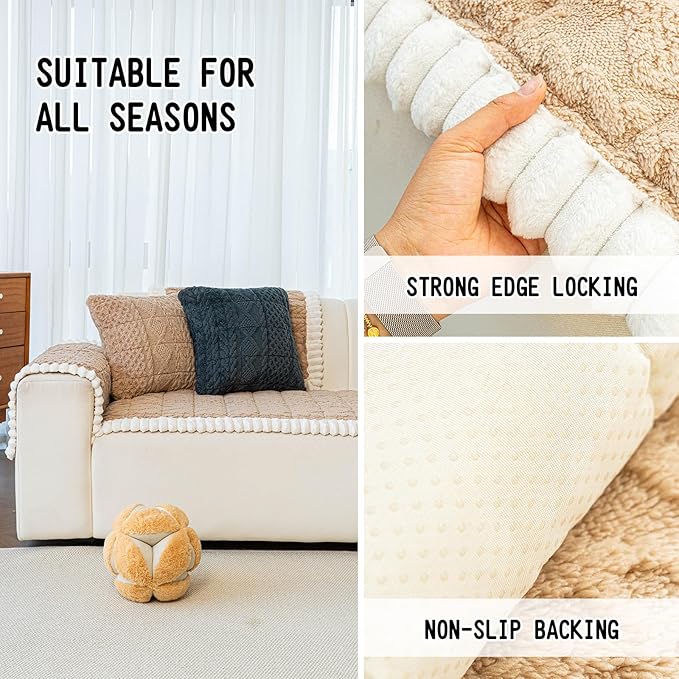 Sofa Pad, Plush Couch Cover Washable for Pet, Non-Slip Warm Couchs Cover, Funny Fuzzy Pet Couch Covers for Sofa, Sofa Slipcovers Furniture Covers for L Shaped(Light tan, 27.6"x 82.7")