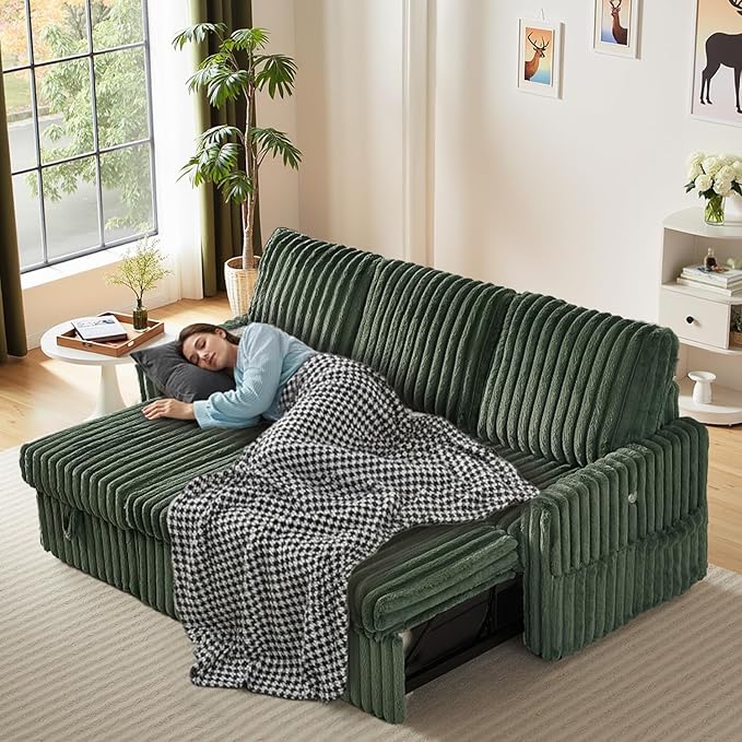 Sleeper Sofa Bed, 81” Pull Out Couch Bed with Reversible Storage Chaise, 3 in 1 L-Shaped Couch with Charging Station, Cup Holder, Side Pocket, Plush Corduroy Couches for Living Room(Green)