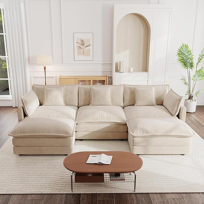 mikibama Modular Sectional Sofa, 111.5 Inch U Shaped Couch Set for Living Room, 3-Seater Comfy Cloud Couches with Movable Ottoman, DIY Combination, Chenille, Light Coffee