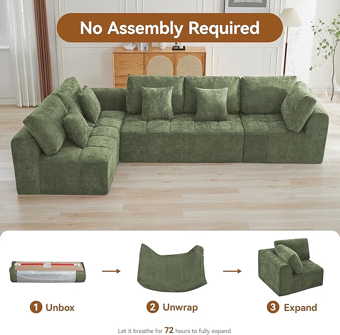 140''Modular Sectional Couches for Living Room, Cloud Boneless Compressed Sectional Sofa, Oversized L Shaped 5 Seater Upholstered Memory Foam Sofa, No Assembly, Chenille Green