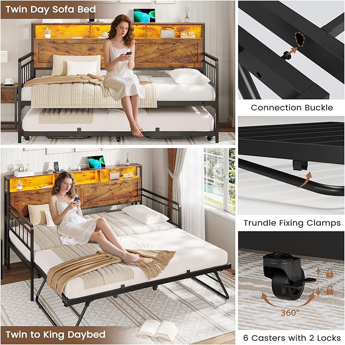 VIAGDO Day Bed with Trundle Bed Twin, Wood Day Bed with Hidden Storage Headboard, Farmhouse Daybed with Charging Station and LED Lights, Twin to King Daybed for Living Room, Guest Room, Rustic Brown