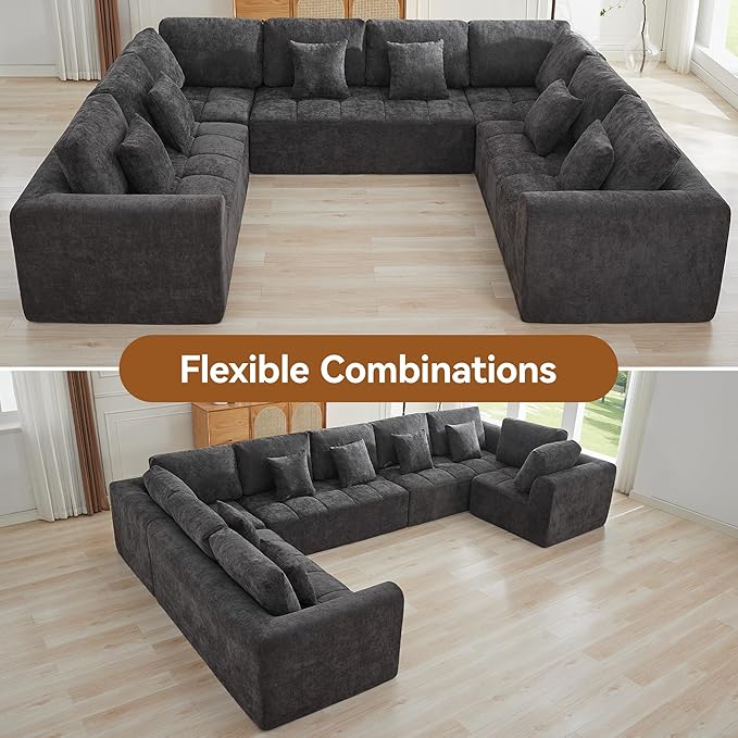 140''Modular Sectional Couches for Living Room, Cloud Boneless Compressed Sectional Sofa, Oversized U Shaped 8 Seater Upholstered Memory Foam Sofa, No Assembly, Chenille Grey