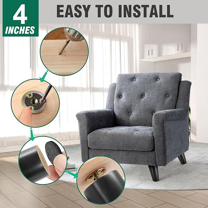 FoDau770 Black Rubber Wood Furniture Legs 4 Inches, Slant Tapered Wood Feet Mid Century Sofa Legs Set of 8, 5/16" UNC Furniture Feet Replacement Parts for Cabinet Couch Dresser Chair Ottoman Table