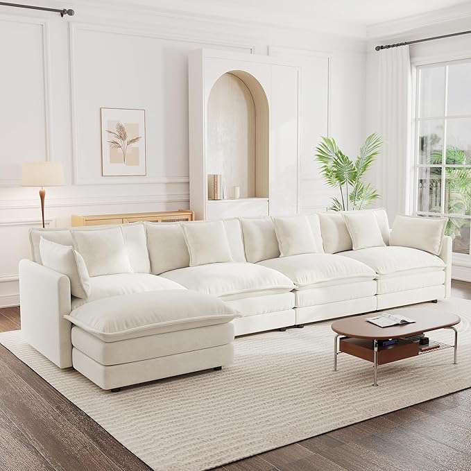 mikibama Modular Sectional Sofa, 146.5 Inch L Shaped Couch Set for Living Room, 4-Seater Comfy Cloud Couches with Movable Ottoman, DIY Combination, Chenille, Beige