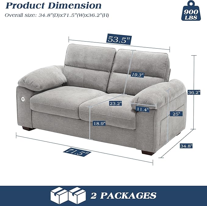WorthFurni Sofas for Living Room, Chenille Pillow-Armrest Loveseat Couch Set, Small Sofa, 3 Seater Sofa, USB Charging, Removable Sofa Cover, Solid Wood Frame, Easy to Install (71.5 inch, Grey)