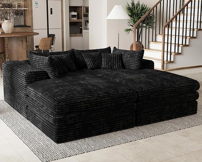 Belffin Double Chaise Lounge Sofa Bed Plush Corduroy Boneless Sectional Cloud Couches for Living Room Boneless Cloud Couch with Deep Seat No Assembly Required. Black Sofa