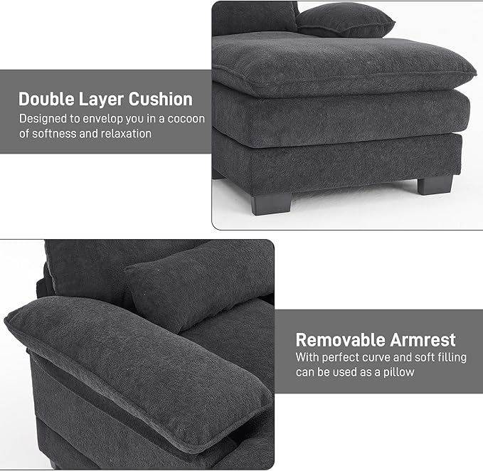 113" Cloud Couch Sectional Modular Sofa U Shaped Sectional Couches for Living Room Comfy 5-Seater Deep Seat Couch Chenille Cloud Sectional Sofa with Movable Ottoman & 4 Pillows, Dark Grey