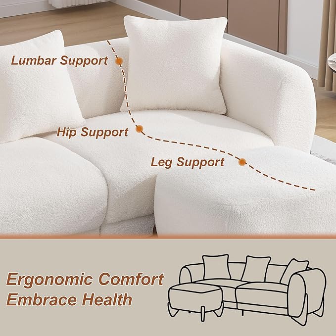 87" Sherpa Boucle Cloud Couch with Ottoman, Modern 3 Seater Sofa with Solid Wood Legs 25" Extra Deep Seat Comfy Thick Cushion Upholstered Sofa Couches with 3 Pillows for Living Room, White