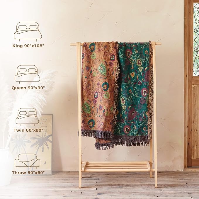 Boho Throw Blanket for Bed 100% Cotton Soft Quilt Home Livingroom Decor Spring Bed Blankets,Floral Reversible All Season Breathable Throw for Sofa Couch Chair 80"x90"