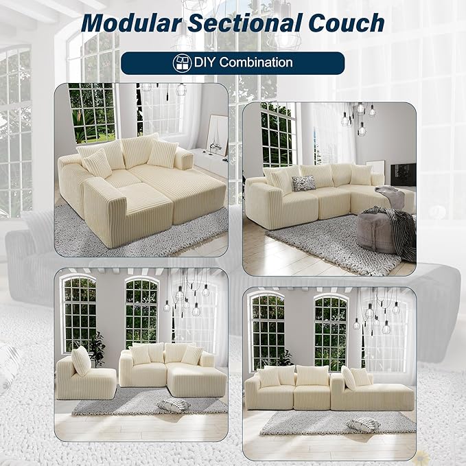 3 Seater L Shaped Sofa with Deep Seat, 101" Cloud Sectional Couch with Chaise, Cozy Modular Couches Sleeper, Oversized Corduroy Sofa for Living Room Bedroom Apartment, Beige