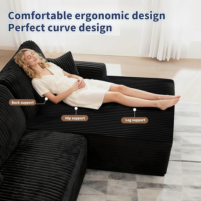 109“L-Shaped Sectional Sofa Boneless Couch Upholstery Cloud Modular Couch with Chaise No Assembly Required Corduroy Fabric Combination Deep Seat Living Room Bedroom(Black, Right Hand Facing)