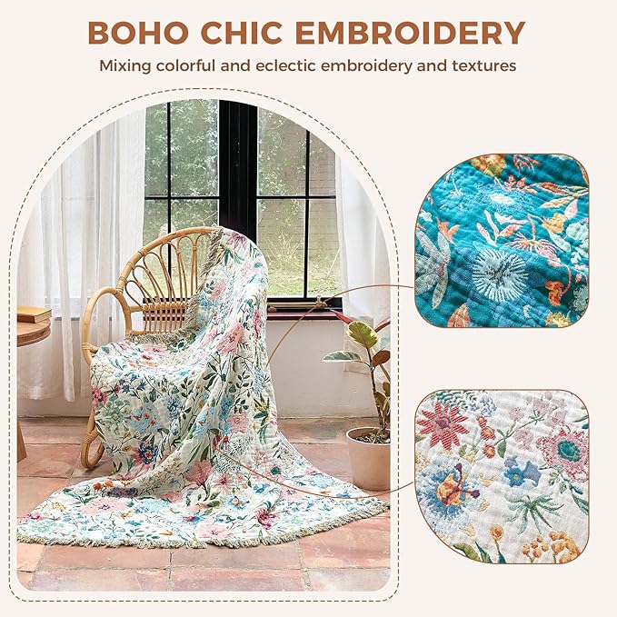LUTBM Boho Throw Blanket for Bed Cotton Spring Blankets for Bedroom Living Room Twin All Season Lightweight Floral Embroidery Quilt for Couch Sofa Chair 60"x80"