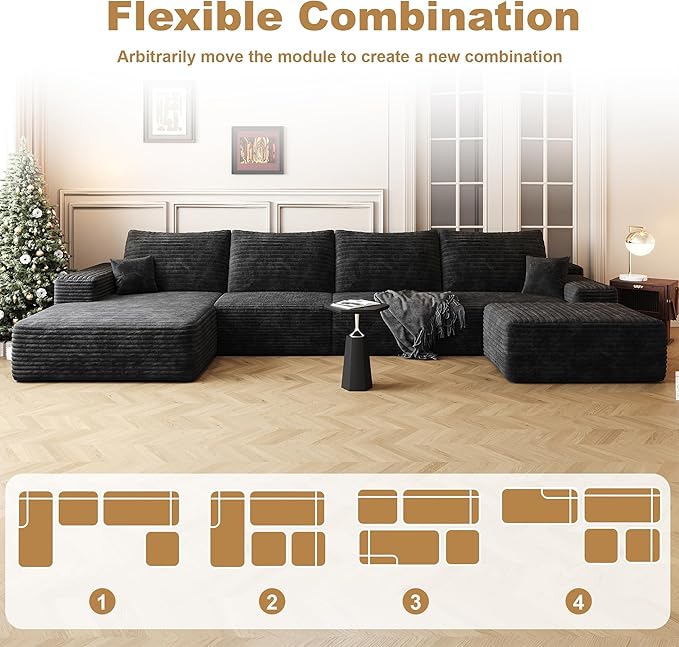 136" Sectional Couches for Living Room Cloud Couch Sofa with L-Shape Upholstered Boneless Couchs Modern Modular Sectional Couch with Chaise (Black, 136" Right Facing Chaise+3Seaters+Ottoman)