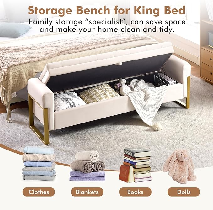 67" End of Bed Storage Bench King Size, Bench for Bedroom Foot of Bed, Upholstered Velvet Storage Ottoman with Gold Legs for Window Living Room, Beige