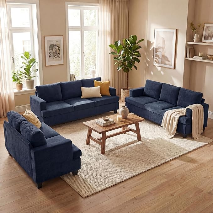 YOUDENOVA Sofa, 3 Piece Set Comfy Sofa, Loveseat & 2 3-Seater Couch with Deep Seats for Living Room, Modern Sleeper Couch, Navy Chenille